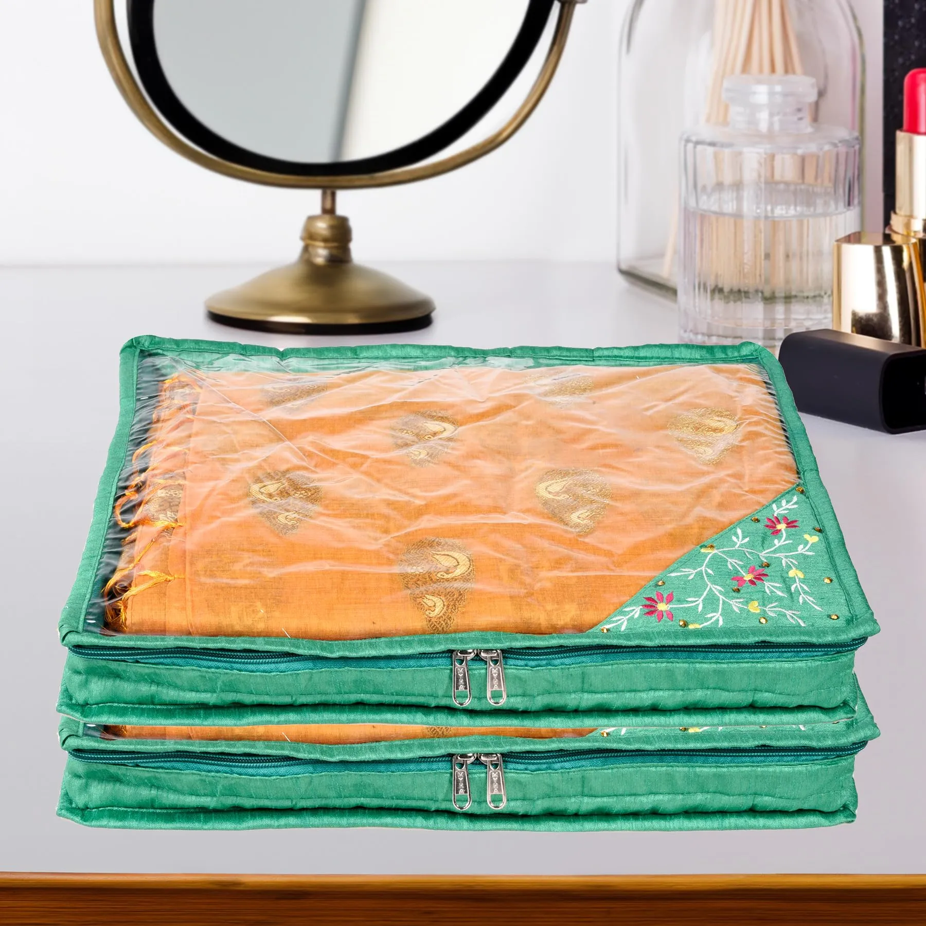 Kuber Industries Saree Cover | Clothes Storage Bag | Suit Packing Cover | Cloth Stoarge Organizer | Wardrobe Cloth Storage Organiser with Zip | Side Embroidery-Design | 3 Inch | Pack of 12 | Green