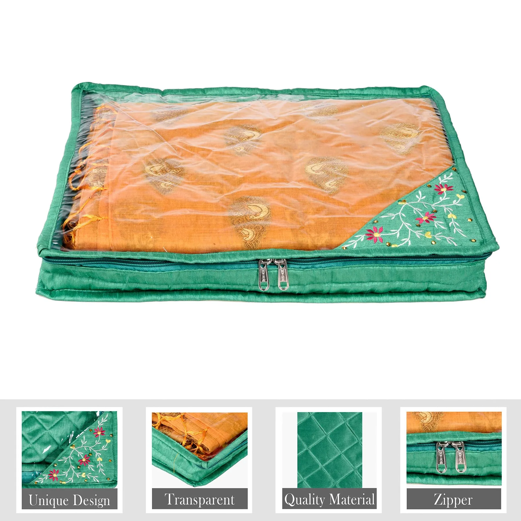 Kuber Industries Saree Cover | Clothes Storage Bag | Suit Packing Cover | Cloth Stoarge Organizer | Wardrobe Cloth Storage Organiser with Zip | Side Embroidery-Design | 3 Inch | Pack of 12 | Green