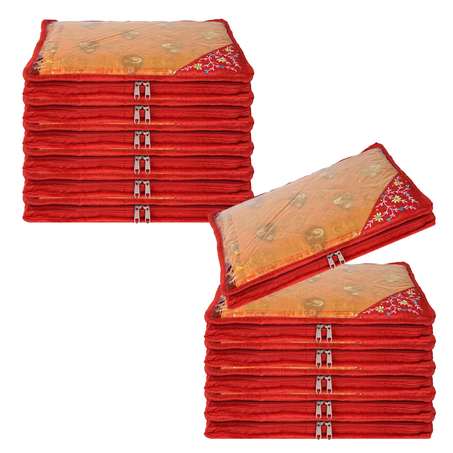 Kuber Industries Saree Cover | Clothes Storage Bag | Suit Packing Cover | Cloth Stoarge Organizer | Wardrobe Cloth Storage Organiser with Zip | Side Embroidery-Design | 3 Inch | Pack of 12 | Red