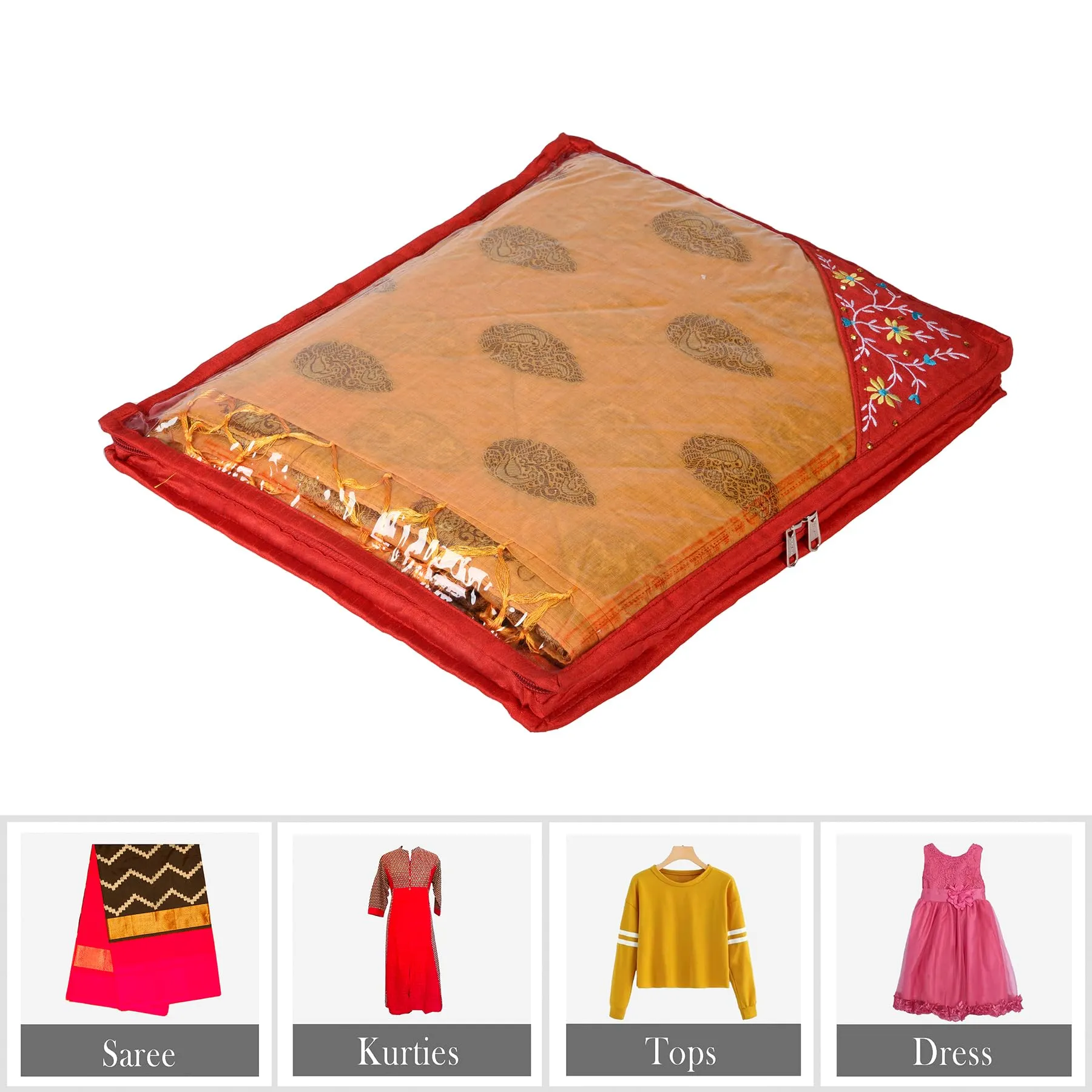 Kuber Industries Saree Cover | Clothes Storage Bag | Suit Packing Cover | Cloth Stoarge Organizer | Wardrobe Cloth Storage Organiser with Zip | Side Embroidery-Design | 3 Inch | Pack of 6 | Red