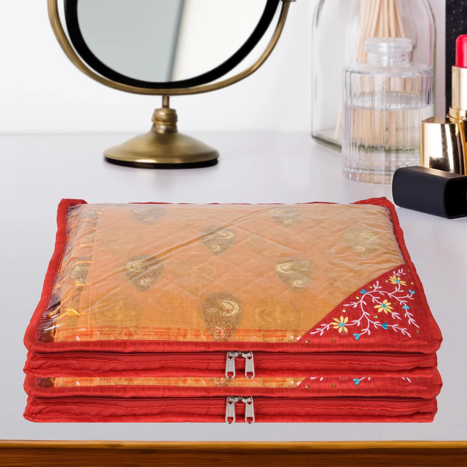 Kuber Industries Saree Cover | Clothes Storage Bag | Suit Packing Cover | Cloth Stoarge Organizer | Wardrobe Cloth Storage Organiser with Zip | Side Embroidery-Design | 3 Inch | Pack of 6 | Red