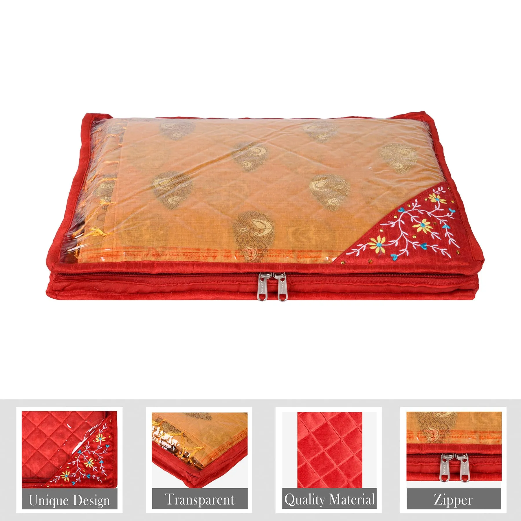 Kuber Industries Saree Cover | Clothes Storage Bag | Suit Packing Cover | Cloth Stoarge Organizer | Wardrobe Cloth Storage Organiser with Zip | Side Embroidery-Design | 3 Inch | Pack of 6 | Red