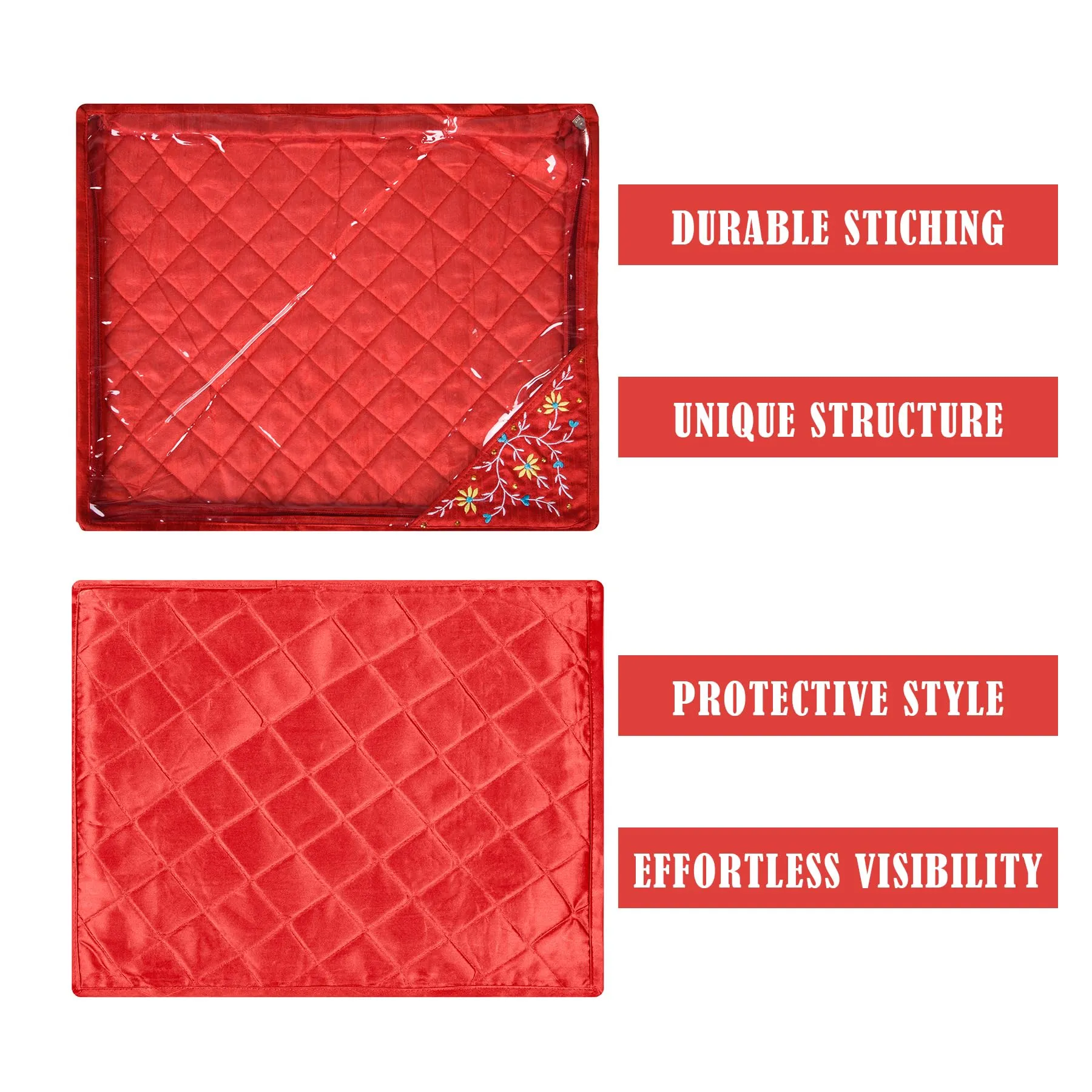 Kuber Industries Saree Cover | Clothes Storage Bag | Suit Packing Cover | Cloth Stoarge Organizer | Wardrobe Cloth Storage Organiser with Zip | Side Embroidery-Design | 3 Inch | Pack of 6 | Red