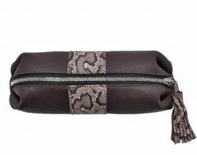 Large Cosmetic Pouch | Brown Leather   Snake Print Stipe "The Stevie"