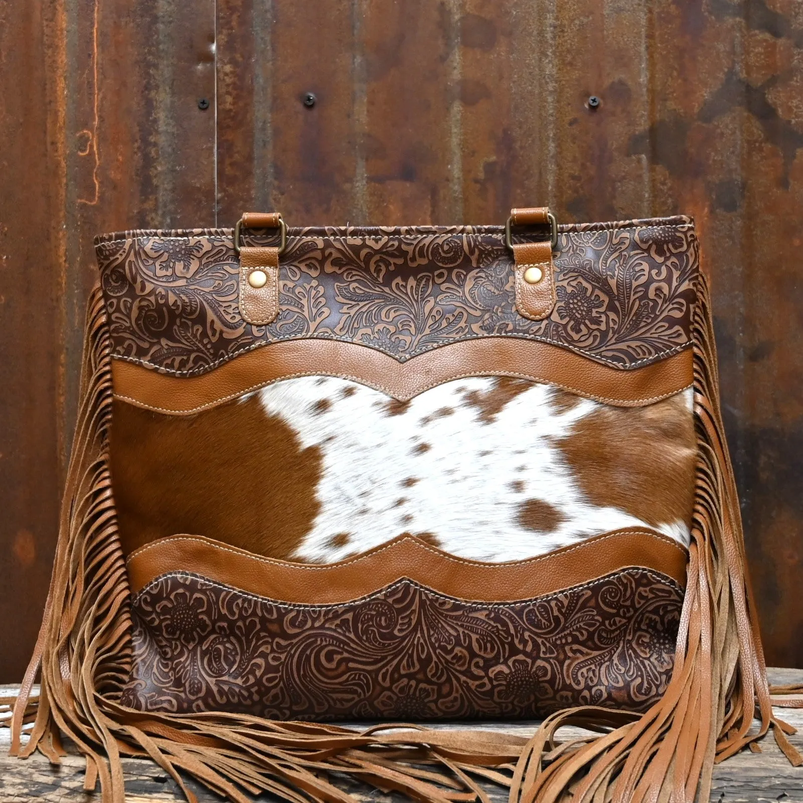 Myra Bags Infinity Leather and Hair on Shoulder Bag with Fringe Sides