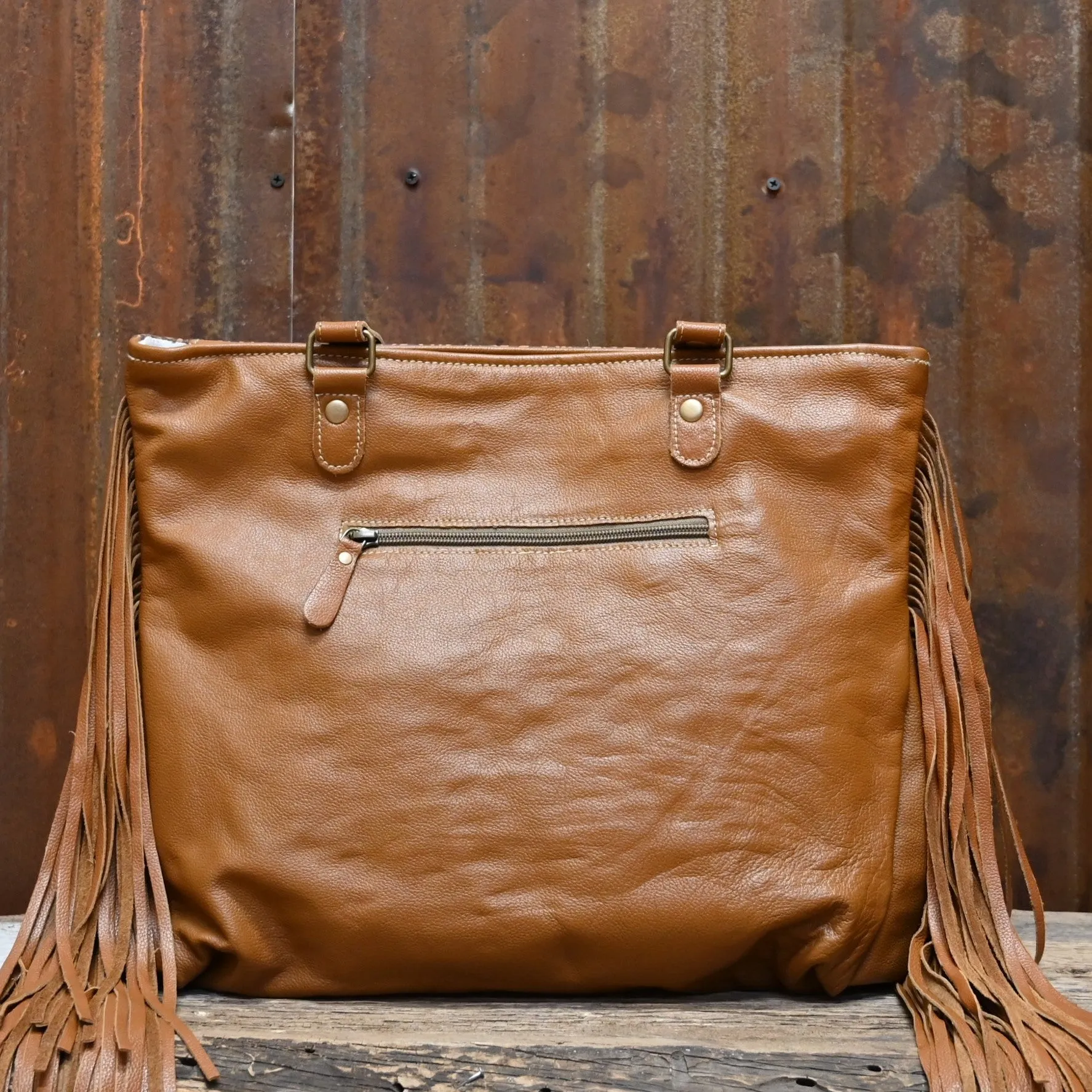 Myra Bags Infinity Leather and Hair on Shoulder Bag with Fringe Sides