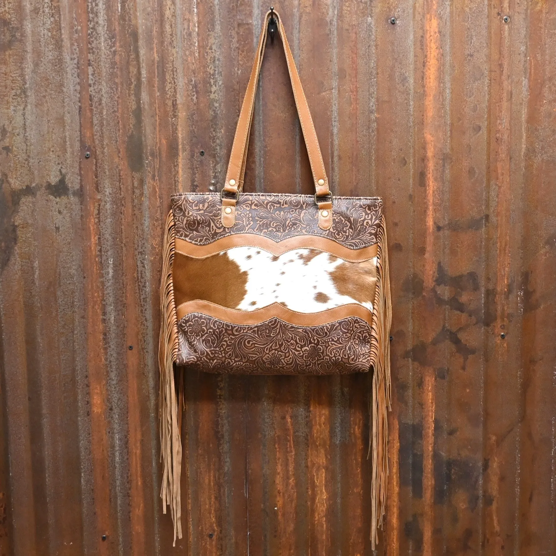 Myra Bags Infinity Leather and Hair on Shoulder Bag with Fringe Sides