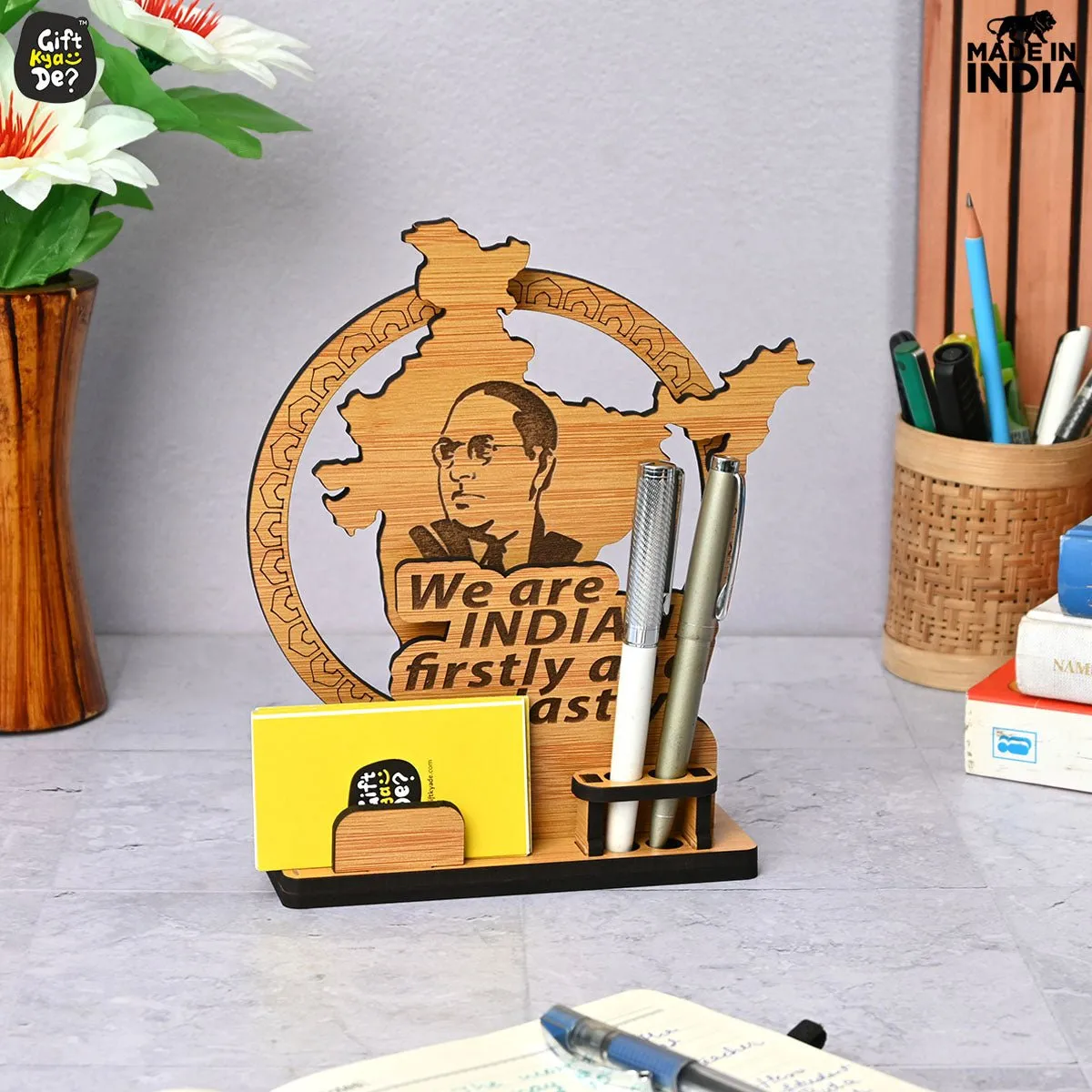 Political Pen Stand and Card Holder | Gandhi Ji, Ambedkar Ji & Bhagat Singh Ji  | Wise Quotes | Mementos