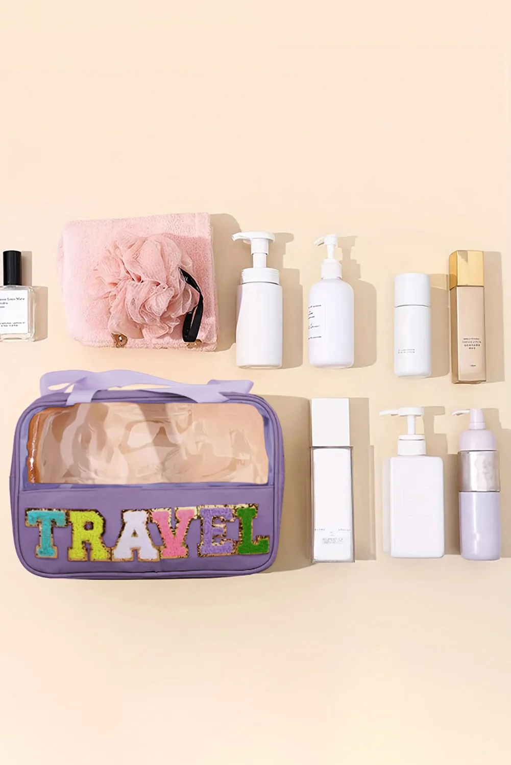 Purple TRAVEL Chenille Letter Clear PVC Makeup Bag