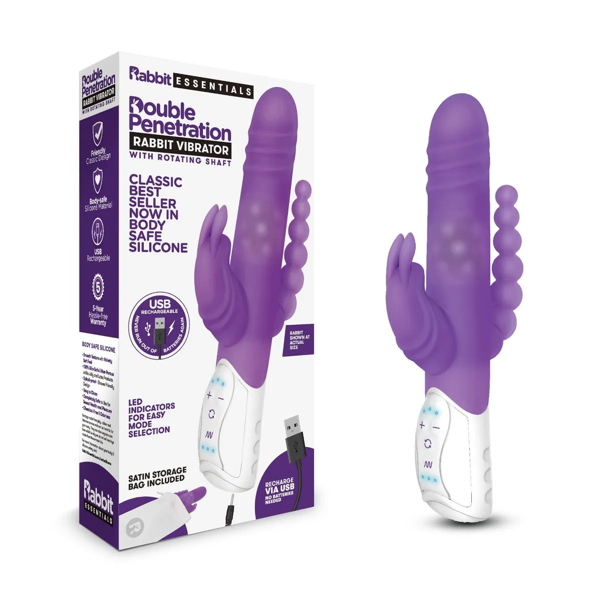 Rabbit Essentials Double Penetration Rabbit Vibrator With Rotating Shaft Purple