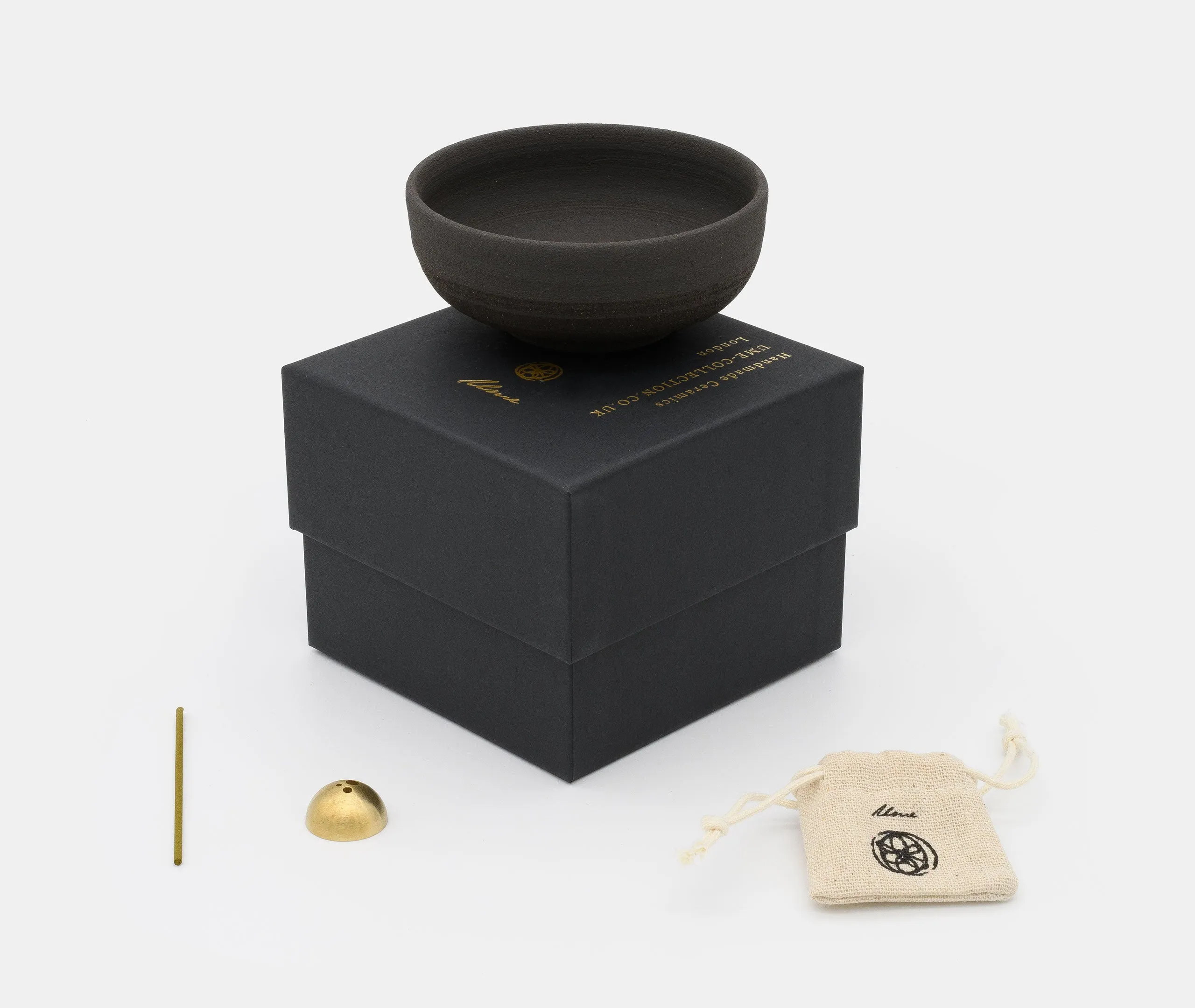Raw Black Stoneware Incense Bowl with Gold Dome