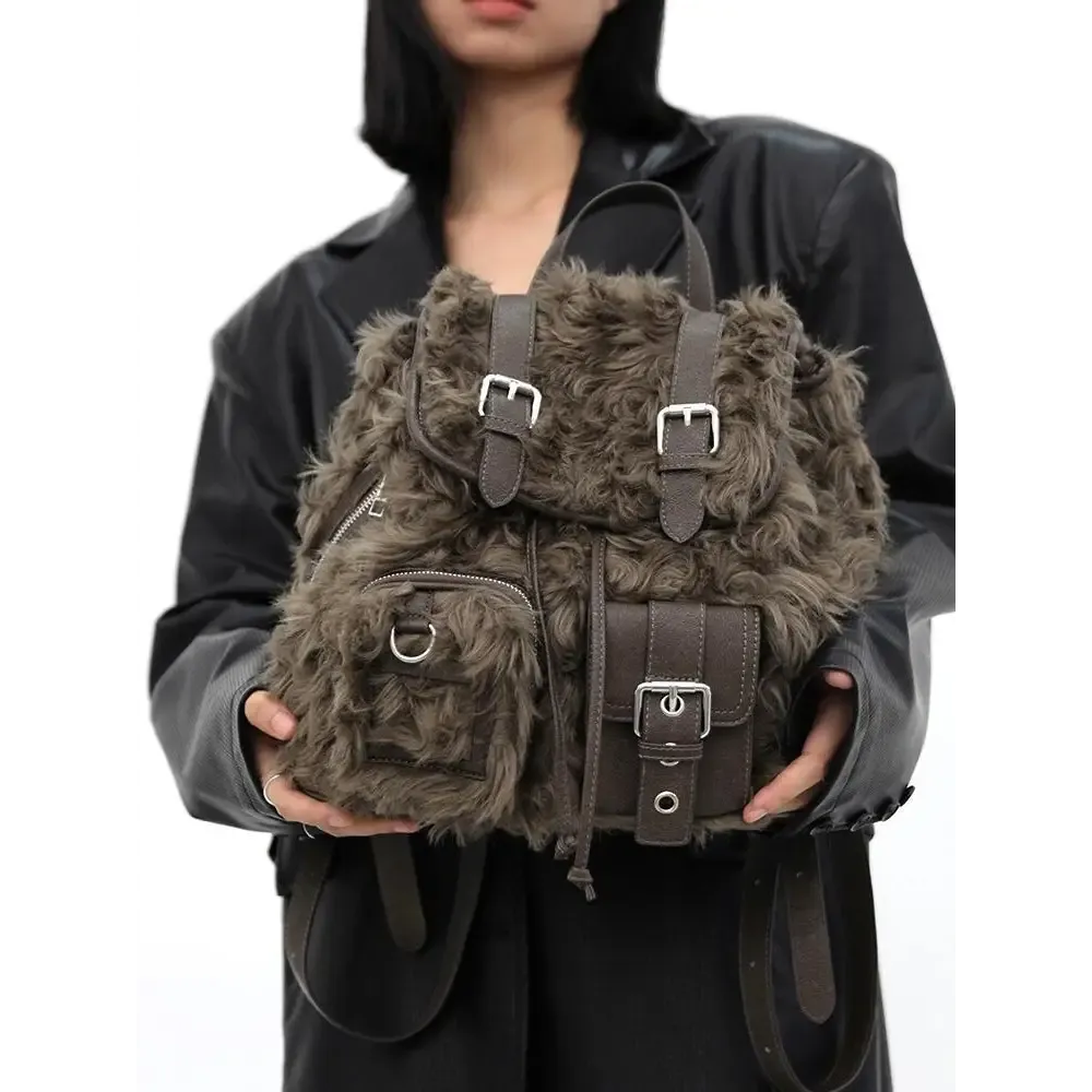 Retro Backpack Bags Plush Large Capacity Bag
