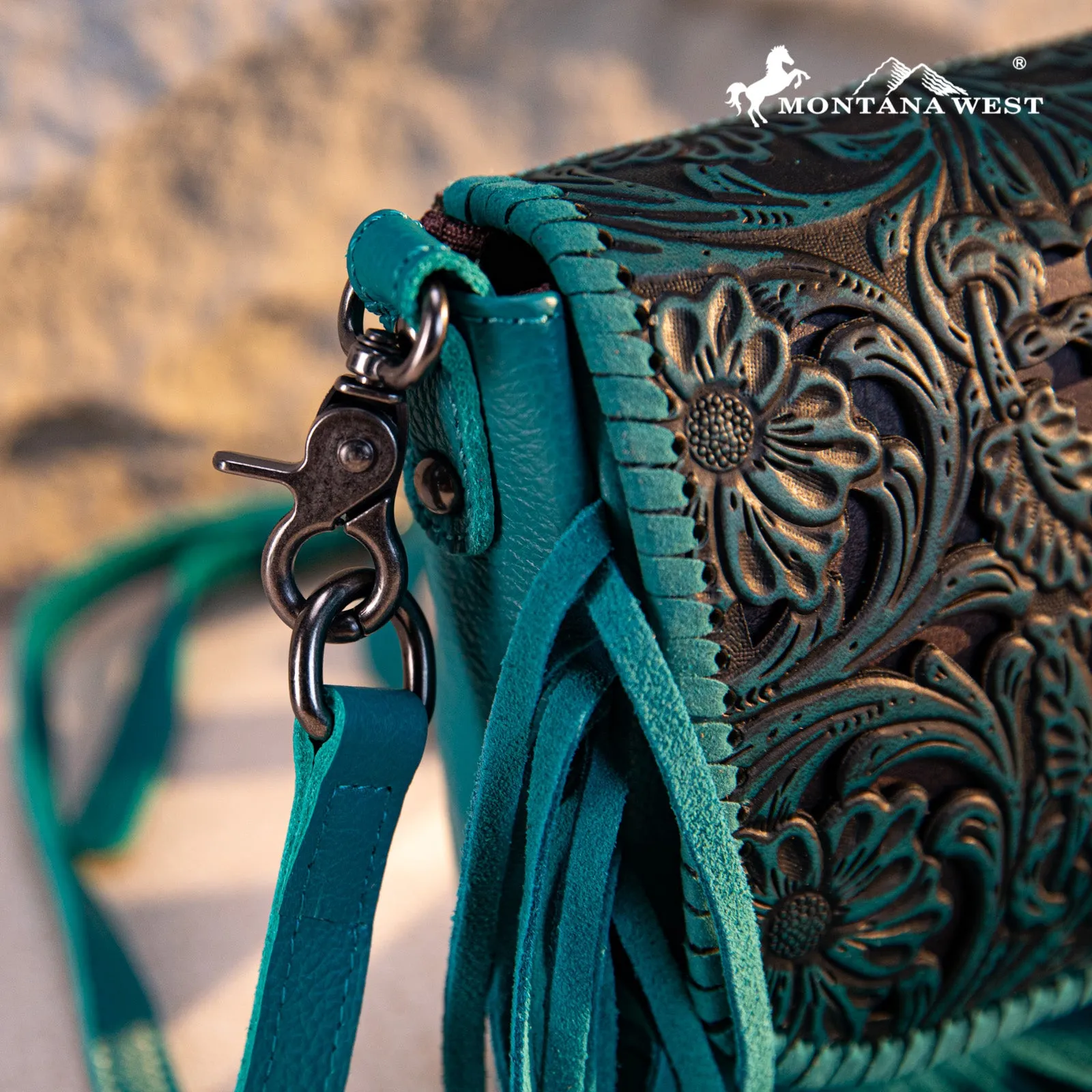 RLC-L187 Montana West Genuine Leather Tooled Fringe Crossbody - Turquoise