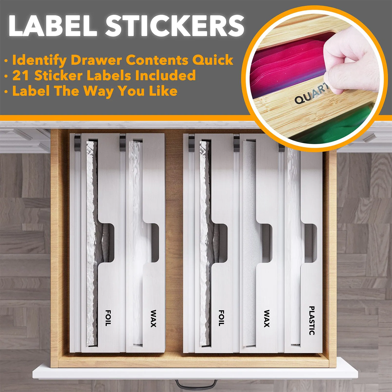 SpaceAid WrapNeat 3 in 1 Foil and Plastic Wrap Dispenser with Cutter and Labels, White