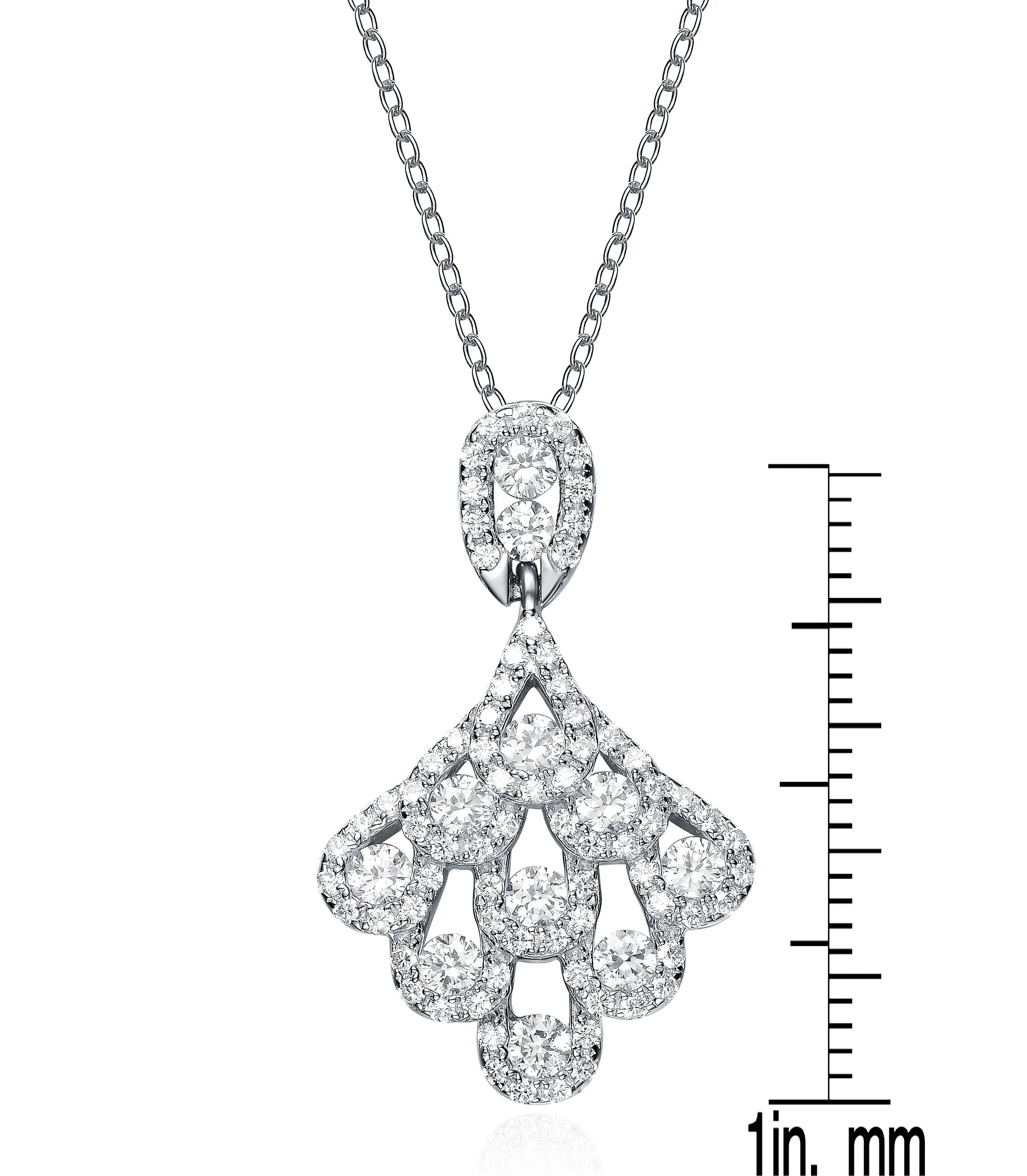Sterling Silver White Gold Plated with Clear Cubic Zirconia Chandelier Like Pendant Necklace