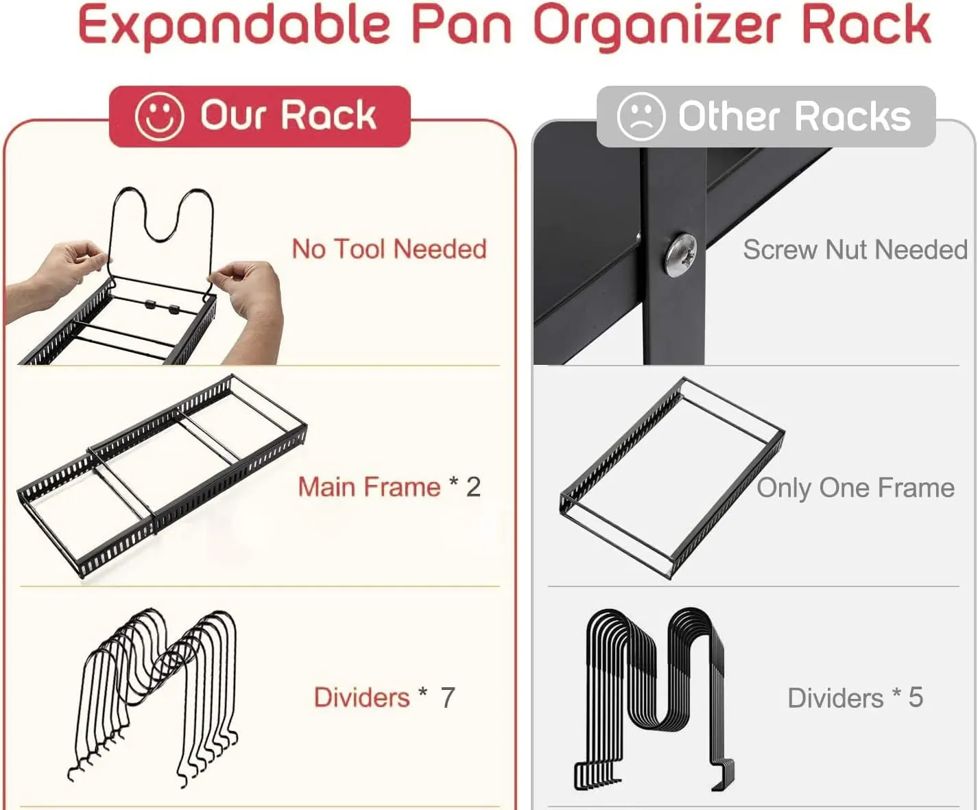 Tisany Metal 7 Adjustable Compartments Expandable Pot And Pan Organizer For Cabinet, Kitchen Pot Rack Organizer, Pans And Pots Lid Organizer Rack Holder, Black, Tiered Shelf